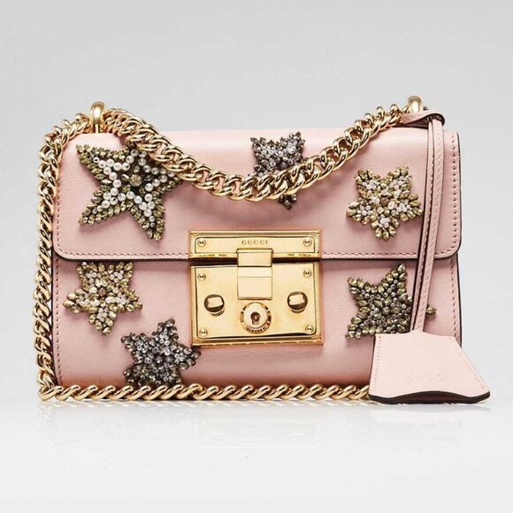 Gucci Handbags - Gucci Pink Leather Crystal Star Small Padlock Crossbody Bag